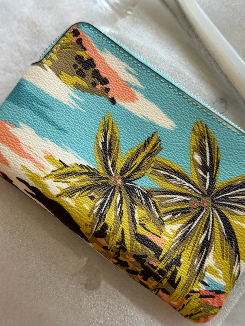 Coach Tropical Palm Print Wristlet in Teal, Pink, Green, White
